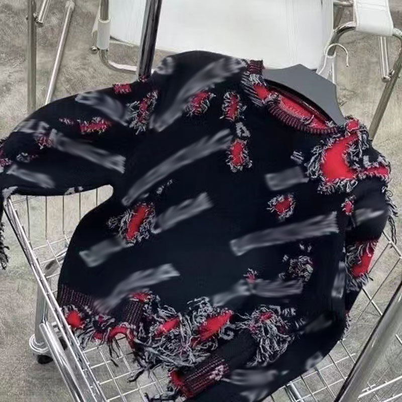 

Sweaters for men and women Design sense to do the old hole stitching jacquard knitted tide brand Retro Lazy Wind Section Bale hoodie Large size, Black red