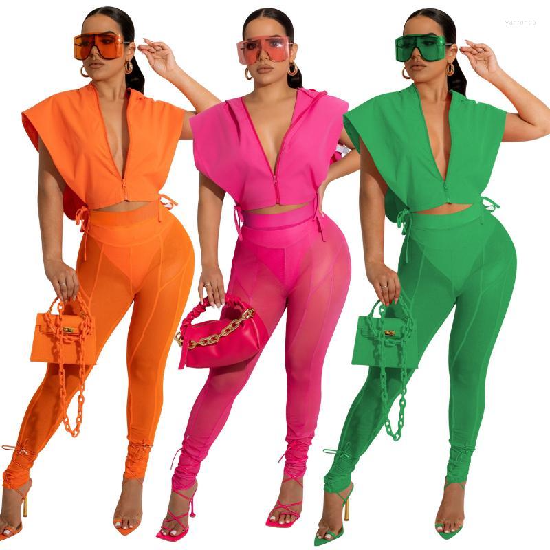 

Women' Two Piece Pants Women' Echoine 2022 Sleeveless Side Hollow Out Lace Up Zipper Tank Top Sheer Mesh Legging Suit 3 Set Party, Green