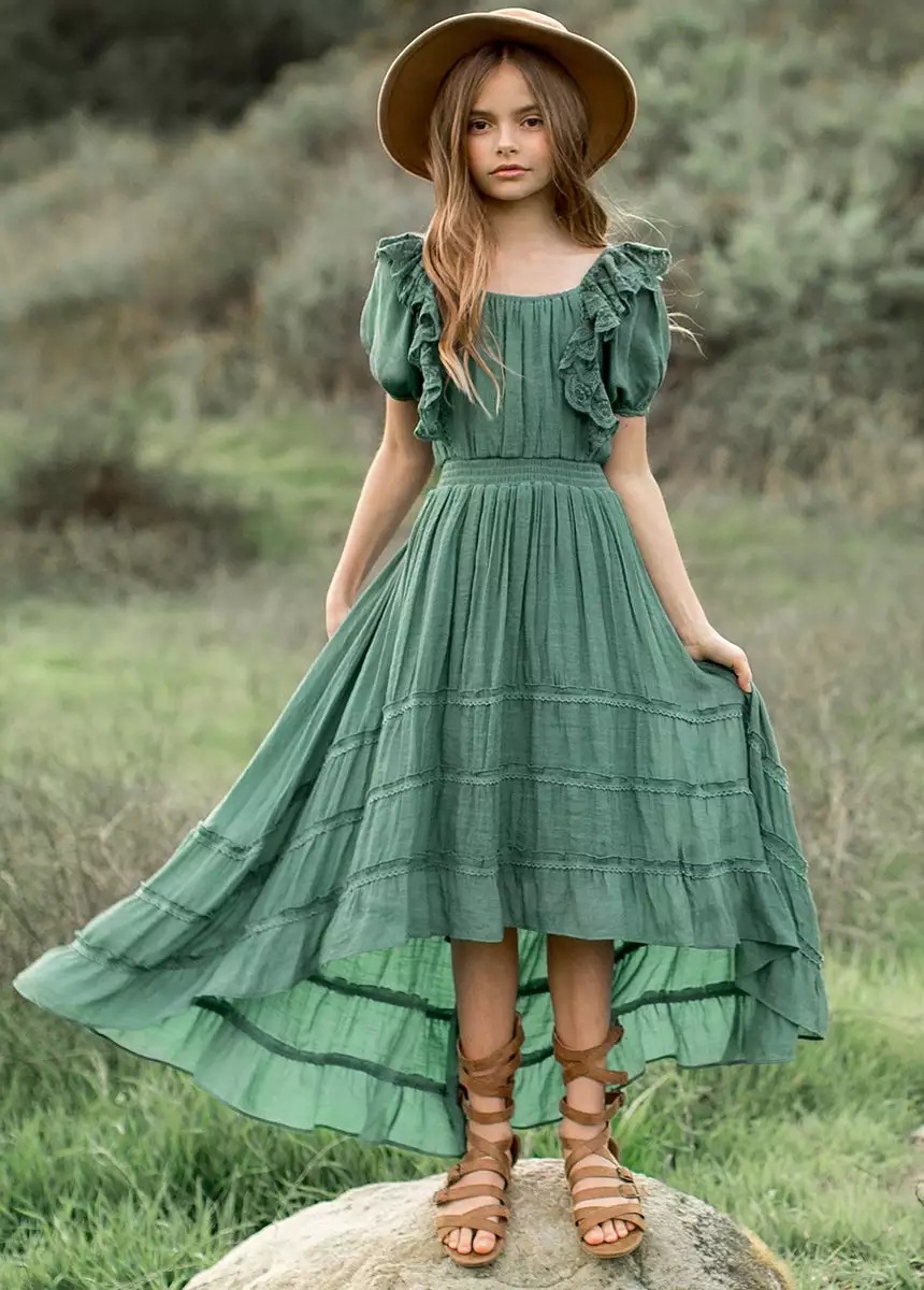

INS Big Girls Lace Cotton Bohemia Long Dresses Summer Children ruffle Princess Trailing Dress kids Party Dresses A9224, Green