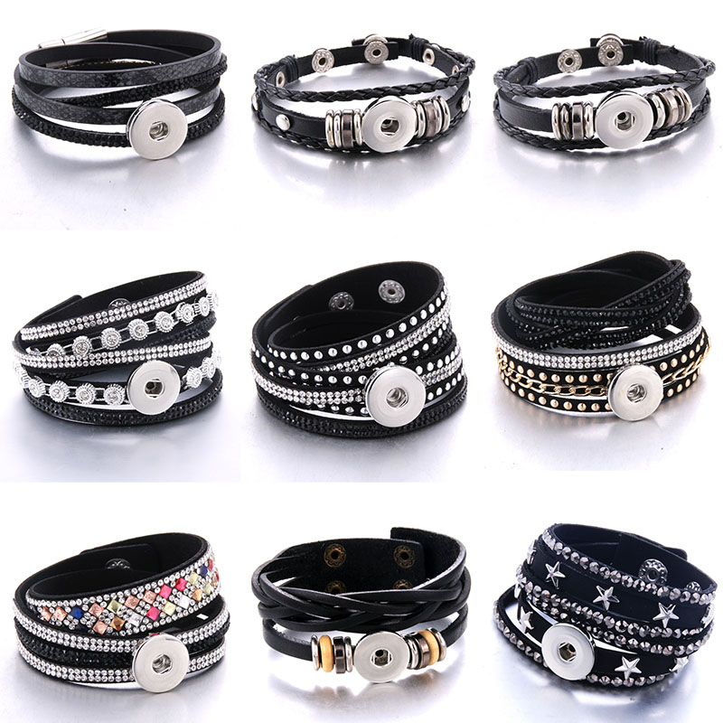 

Charm Bracelets New Black Leather Snap Bracelet For Women Rhinestone Mtilayer Diy Button Jewelry Accessories Gift Drop Delivery 2022 Smtou