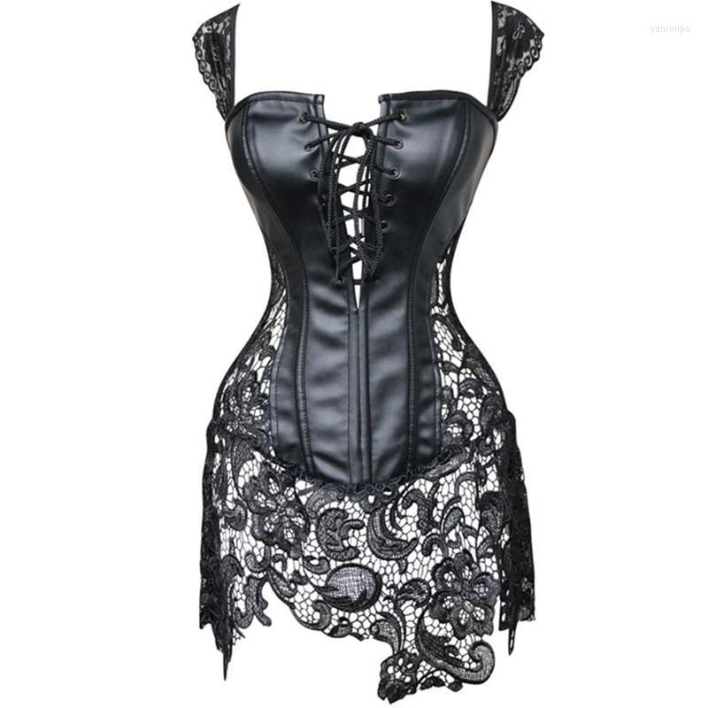 

Bustiers & Corsets Sexy Lingerie Gothic Corset Dress Women Mini Dresses Black Lace Up Straps Overbust Shapewear Leather Slim Bustier