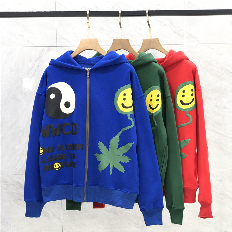 

22FW USA Hoodie Autumn Winter Men Women Casual Plus Size Streetwear Flower Puff Print Zipper Fleece Pullover Hooded Sweatshirt, Red