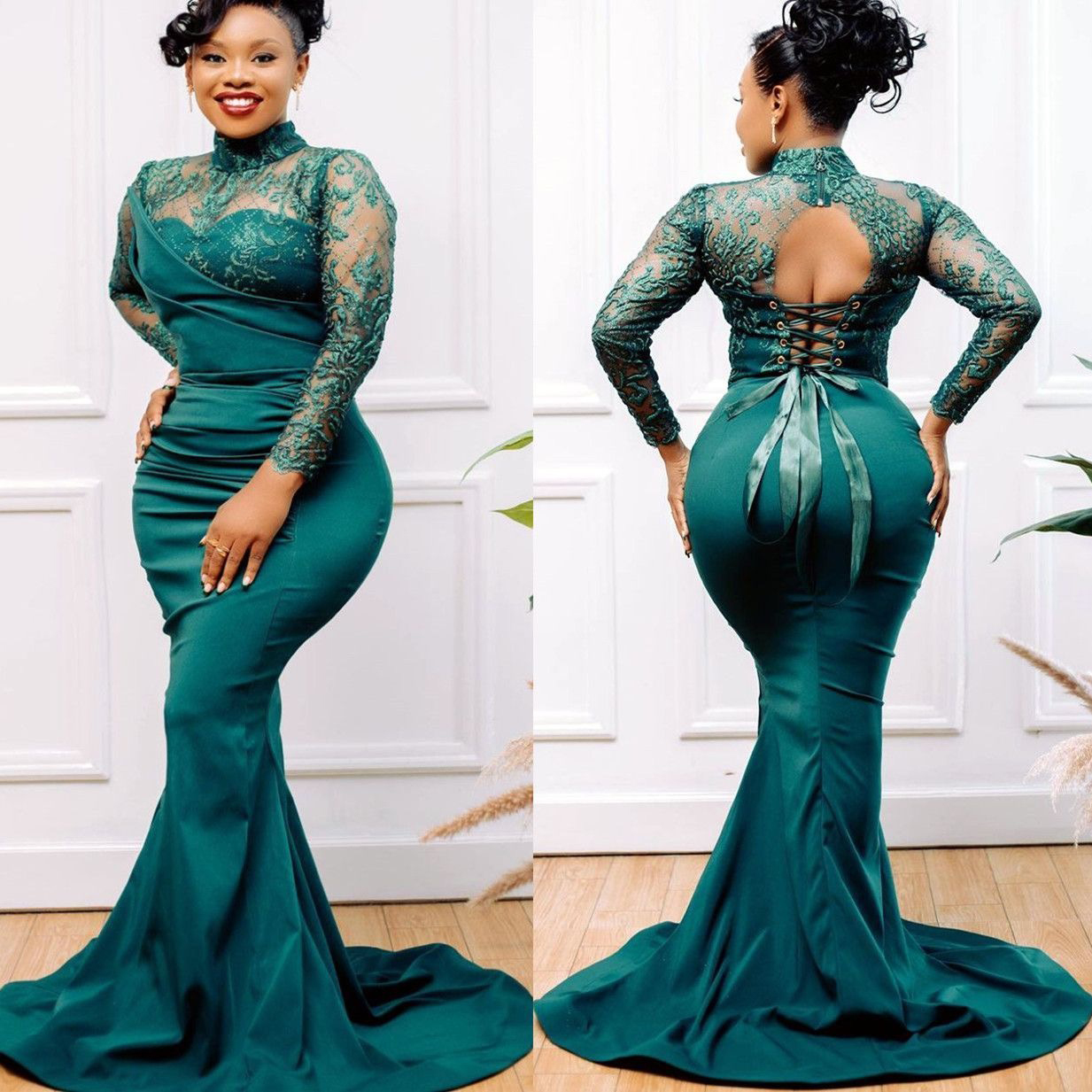 

Aso Ebi Lace stain Mermaid Prom Dresses Long Sleeves hunter green african Evening Second Reception Birthday Engagement Dress, Blue