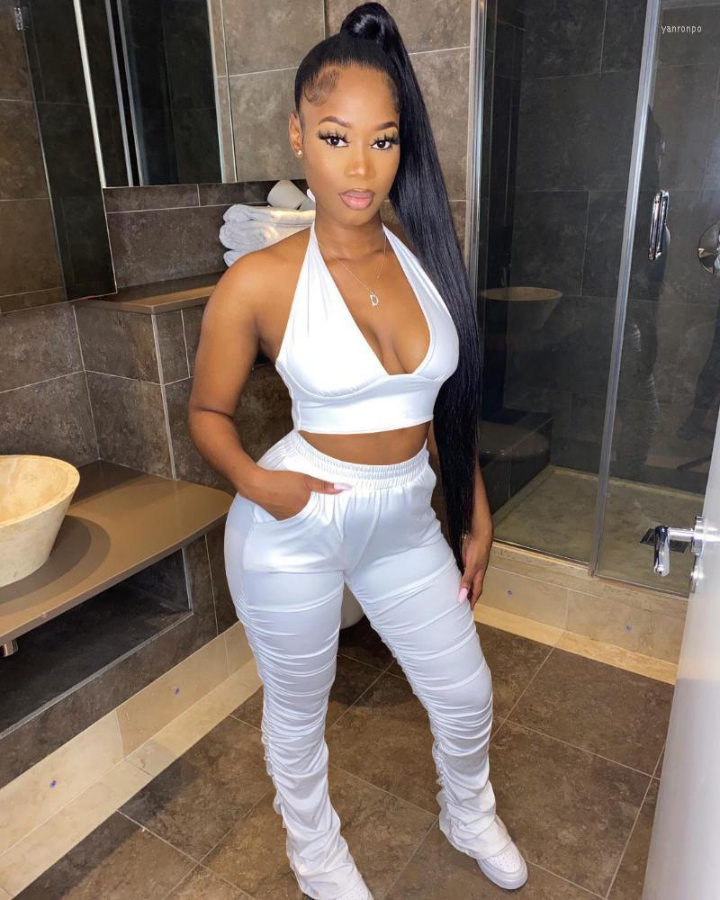 

Women's Two Piece Pants Women's Echoine Sleeveless Halter Crop Top Hight Waist Pleated Pocket Set Sexy Skinny Bodycon Tracksuit, Black