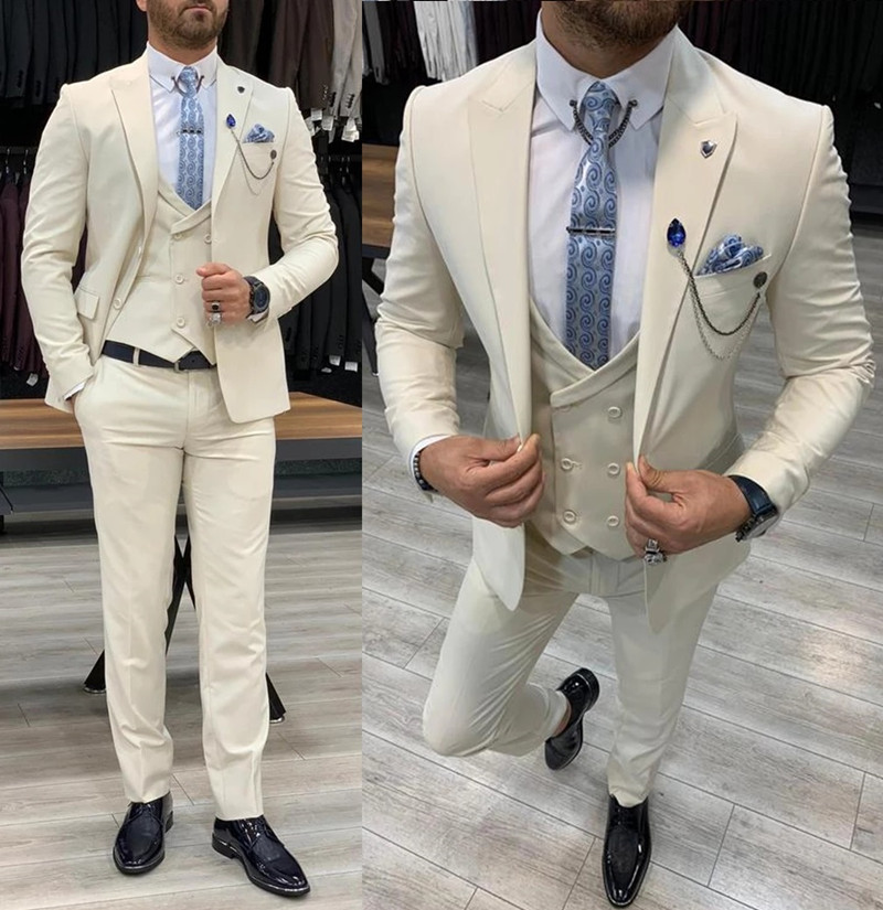 

Mew Arrival 3 Pieces Ivory Two Button Tuxedos Mens Suit Slim Fit Tailor Made Groom Wear Wedding Business Blazer Jacket Vest Pants, Light gray
