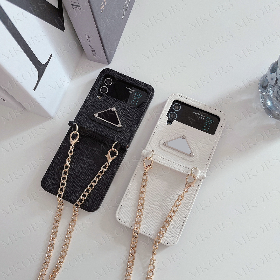 

Luxury Classic Design Leather Phone Cases for Samsung Z Flip 2 3 4 Full Protection Case With Chain Shoulder String Portable Cellphone Case Handbag Cover, #2 white p