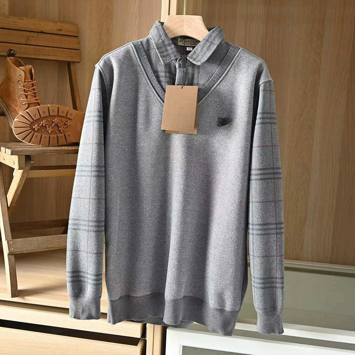 

Bb mens polo shirt wool sweater burb designer tshirt men business casual knitting pullover coat Technical fleece jacket 4xl, Gray