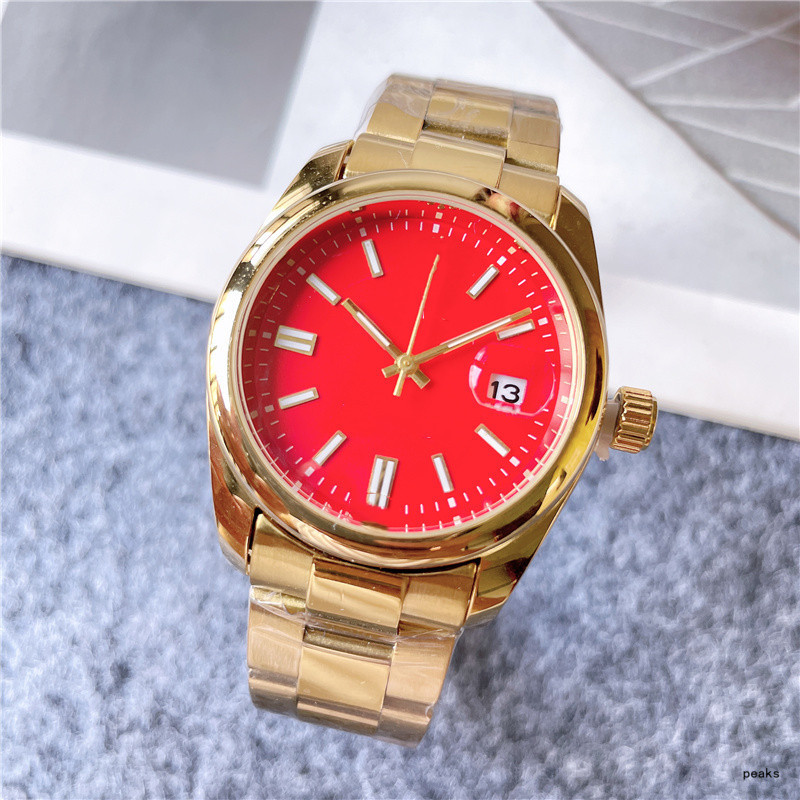 

Classic Designer Quartz Movement Watches Fashion 3 Needle Automatic Calendar Red Dial Watch Luxury Sapphire Stainless Steel Strap Gold Wristwatches With Box sy, A1