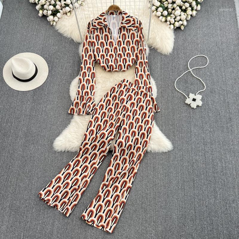 

Women' Two Piece Pants Women' Fashion Print Suit Loose Bell-sleeved Shirt Top Two-piece Set With High Waist Slim Straight Wide Leg, Green