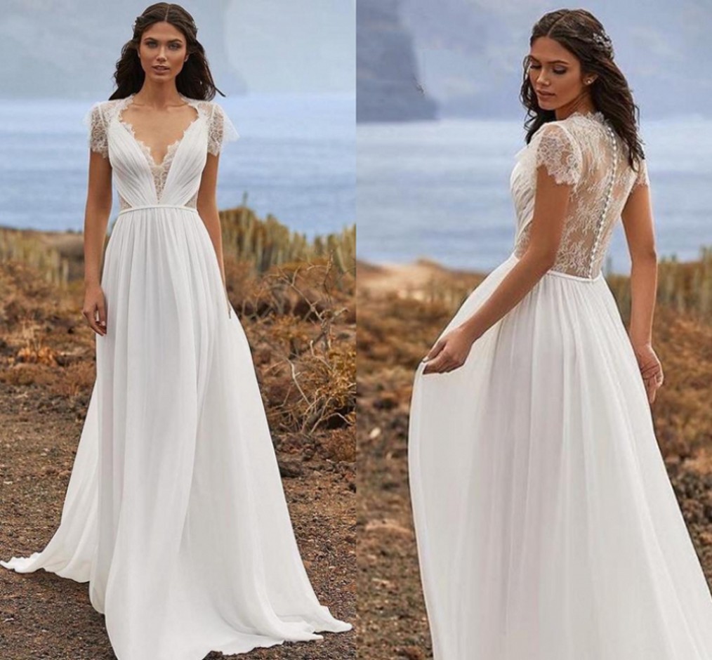 

2023 Boho Chiffon Wedding Dress Sexy V-Neck Cap Sleeve Bridal Gown A-Line Lace Appliques Vestidos De Novia For Women, White