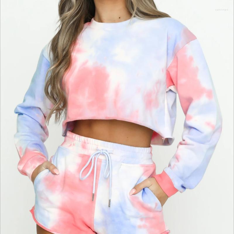 

Women' Shorts Women' Women Two Piece Sets Tie Dye Elastic Waist Set Autumn Long Sleeve O-neck Casual Tops Short Drawstring Pant Sexy, Pink