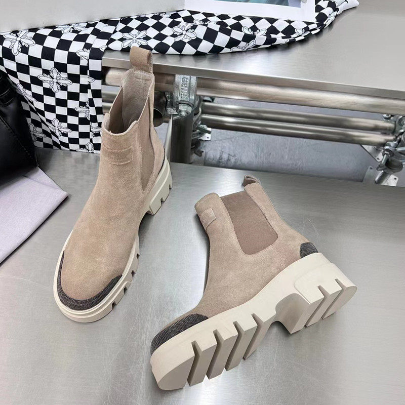 

Brunello Cucinelli Chelsea Boots Women 2022 Winter And Fall Sheepskin Sude Short Ankle Booties Thick Bottom Designer Genuine Leather Western Half Shoes Size 35-40, As pic 6cm