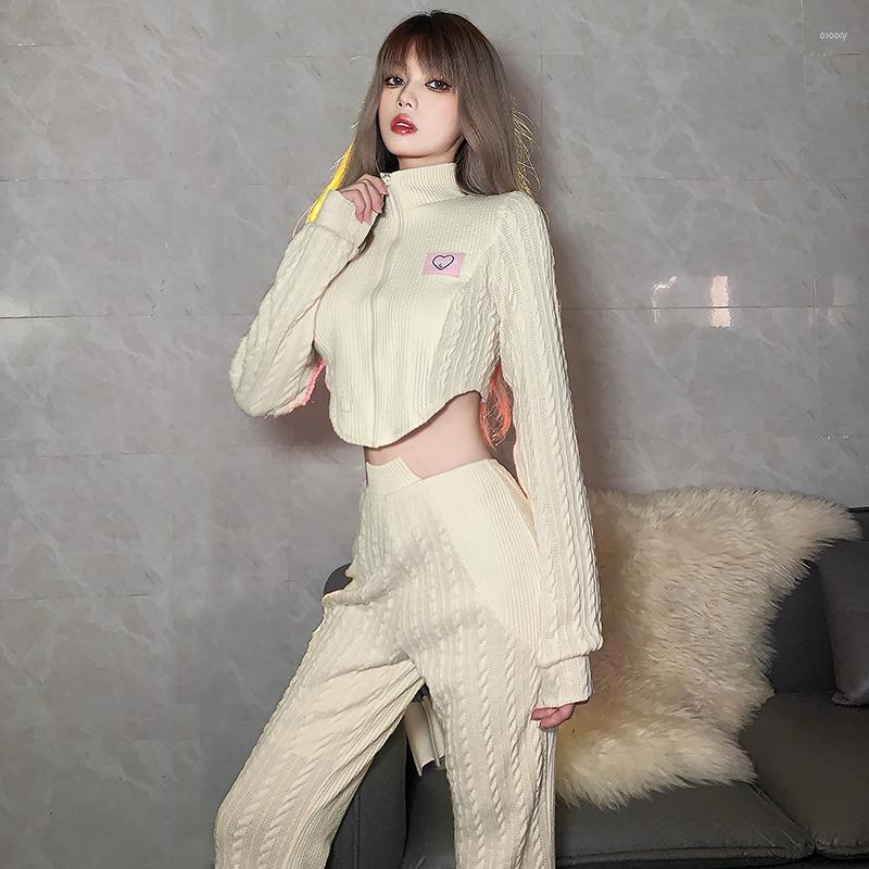 

Women' Two Piece Pants Women' Retro Fashion Set High Street Sexy Long Sleeve Turtleneck Crop Knitted Coat Waist Trousers Two-piece, Apricot