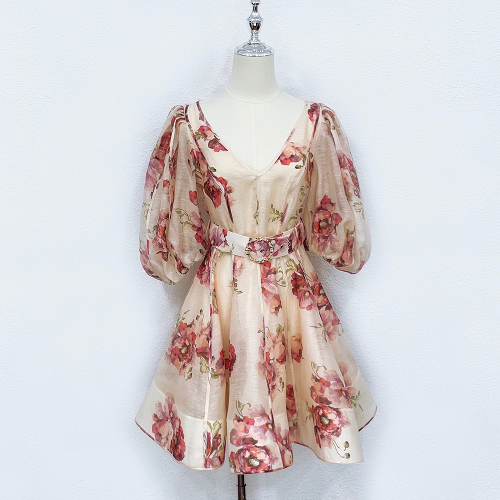 

2022 Australian designers designed high-end custom temperament socialite deep v-neck lantern sleeve puffy skirt silk hemp dress, Multi