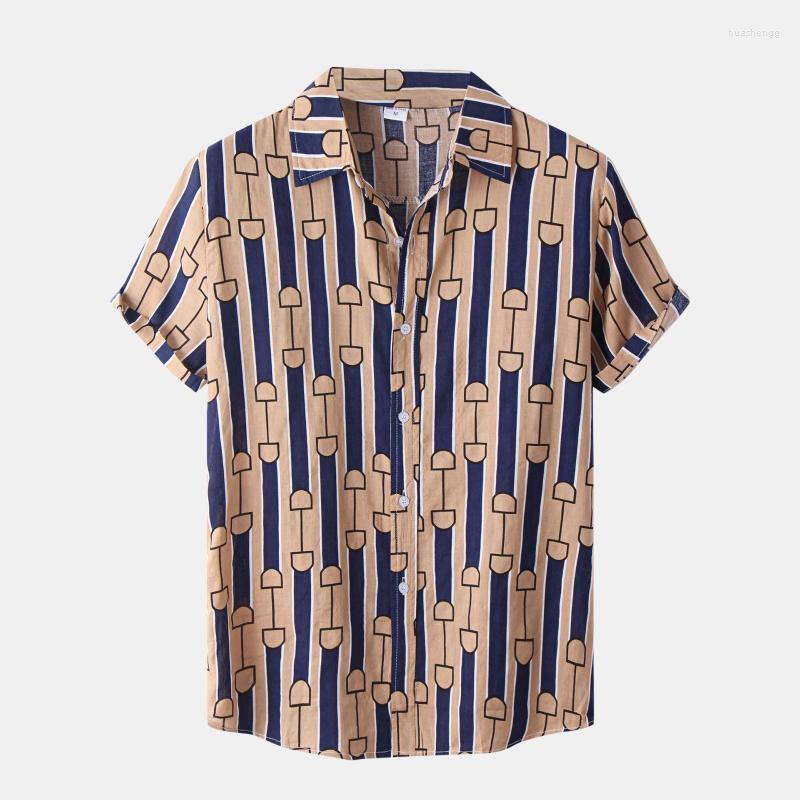 

Men's Casual Shirts Men's Men Shirt Striped Patchwork Printed 2022 Summer Loose Short Sleeve Lapel Blouse Vacation Beach Clothing, Brown
