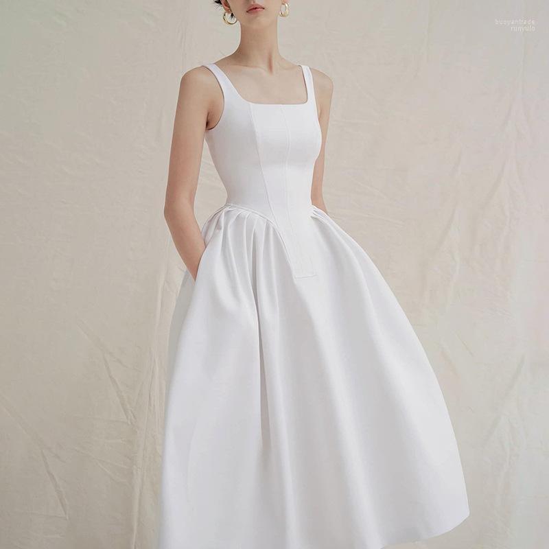 

Casual Dresses 2022 Summer Arrive White Color Fishbone Women Dress Square Collar Sleeveless Lady Midi High Waist Slim Puff