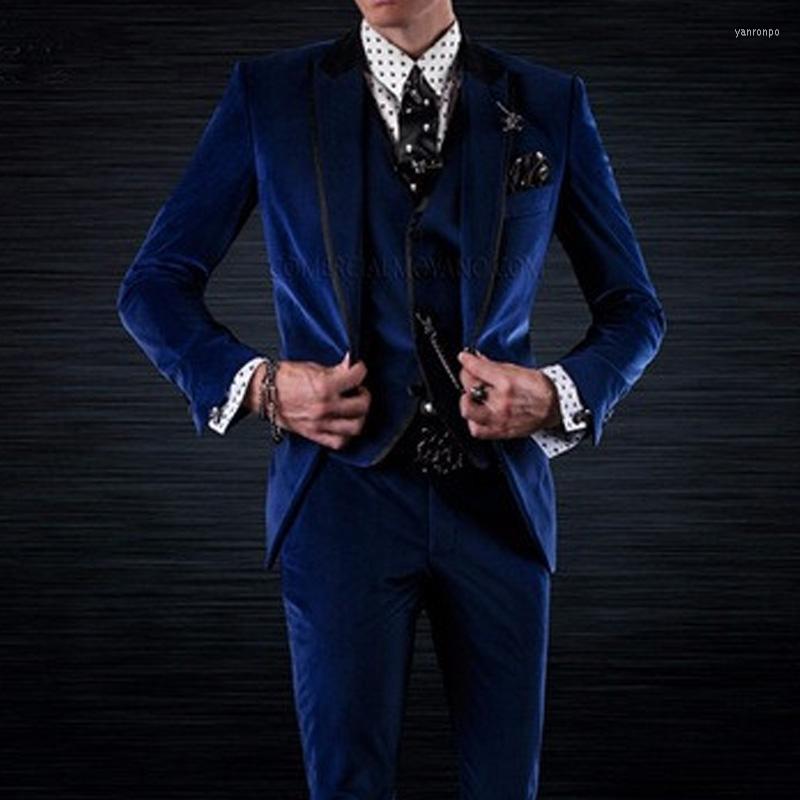 

Men's Suits Men's & Blazers Royal Blue Velvet Groom Tuxedos For Wedding Wear 3 Piece Jacket Pants Vest Black Peaked Lapel Custom Made
