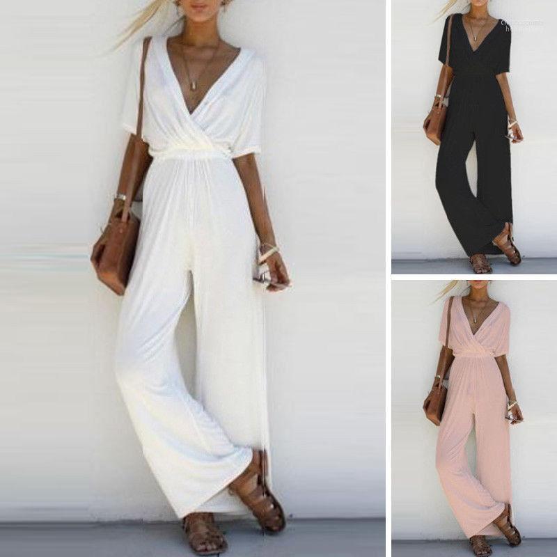 

Women' Jumpsuits Women' & Rompers Women Ladies V-Neck Jumpsuit Bodycon Romper Short Sleeve Long Wide Leg Pants Casual Loose Solid, Black