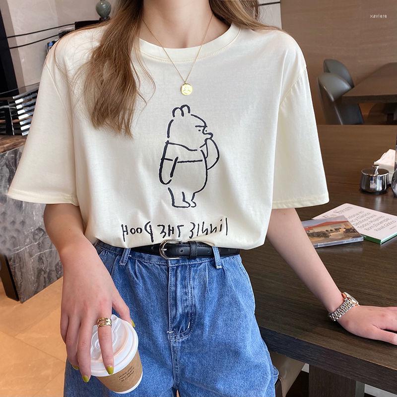 

Women' T Shirts Cotton Short Sleeve T-shirt Women' 2022 Round Neck Summer Korean Version Versatile Thin Loose Bear Half Top, White