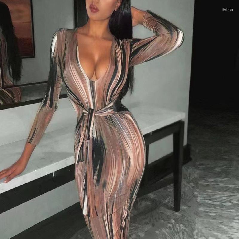 

Casual Dresses EWSFV 2022 Autumn And Winter Women Style Fashion Printing Sexy V Neck Bag Buttocks Slim Long Sleeved Dress, Brown