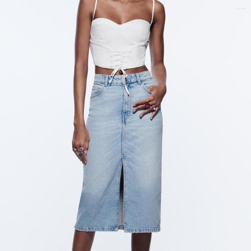 

Skirts 2022 Spring Women's Blue Denim Medium Length Skirt, As photo