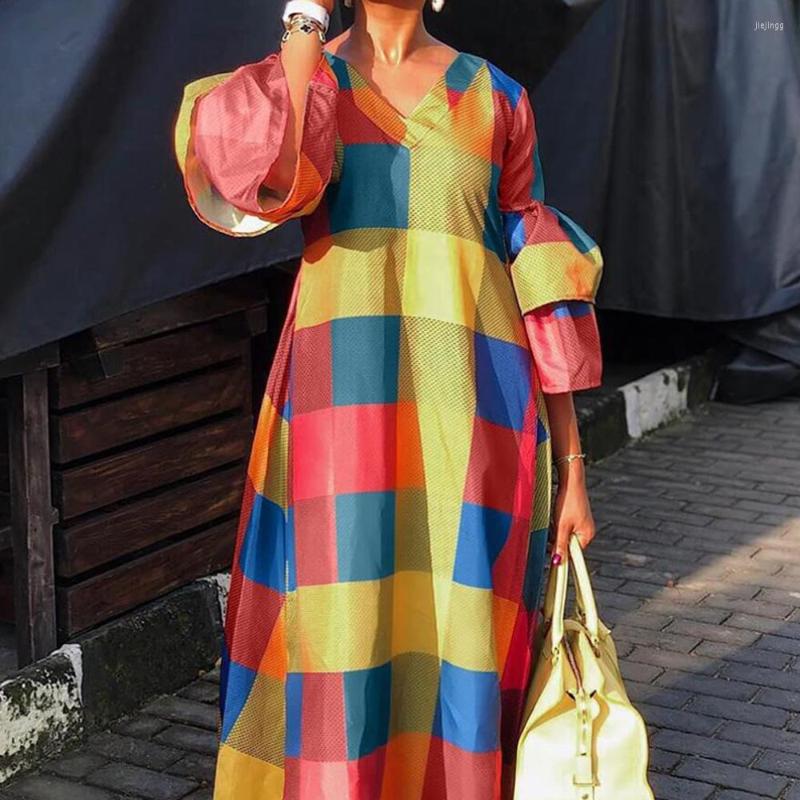 

Casual Dresses EWSFV 2022 Autumn Women Style Fashion Color Plaid Lantern Sleeve Printed Mopping Long Skirt Dress, Lattice