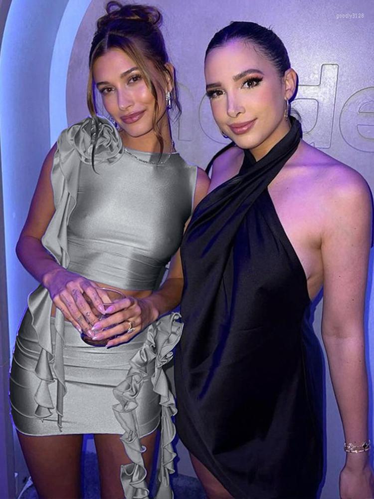 

Work Dresses Inwoman Summer Sexy Bodycon Two 2 Pieces Sets Women Outfits 2022 Sleeveless Crop Tops Skinny Party Mini Skirts Gray Matching