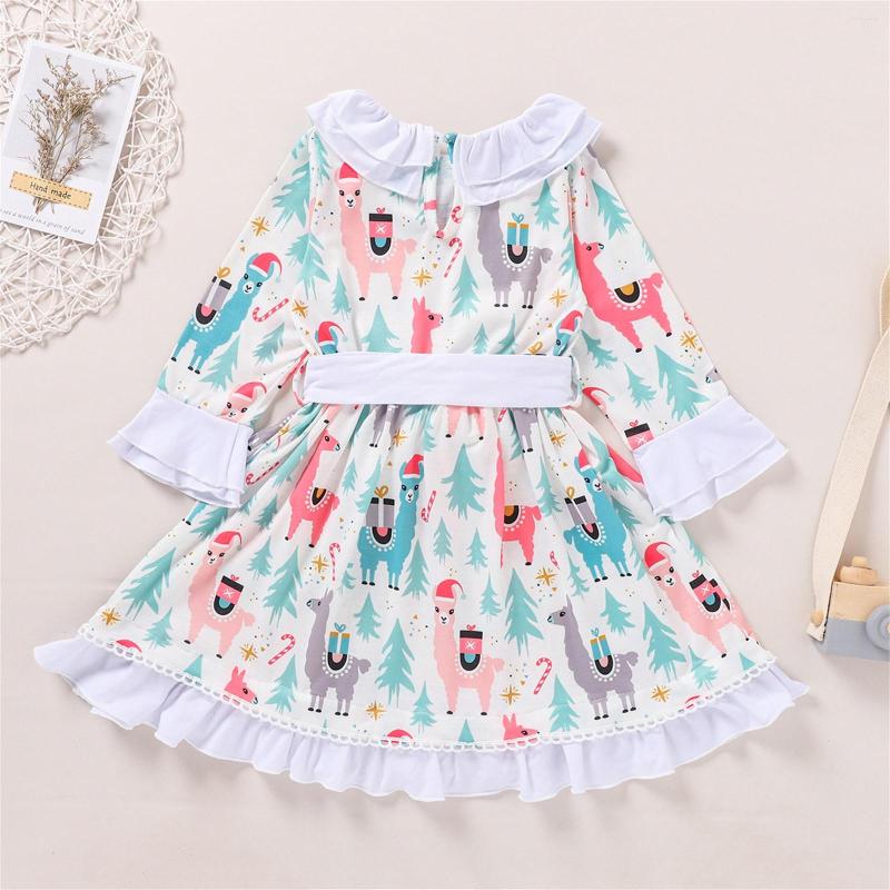

Girl Dresses Vintage Xmas Kids Infant Baby Girls Cute Cartoon Animals Long Ruffled Sleeve Patchwork Bowknot Princess Dress Christmas, White