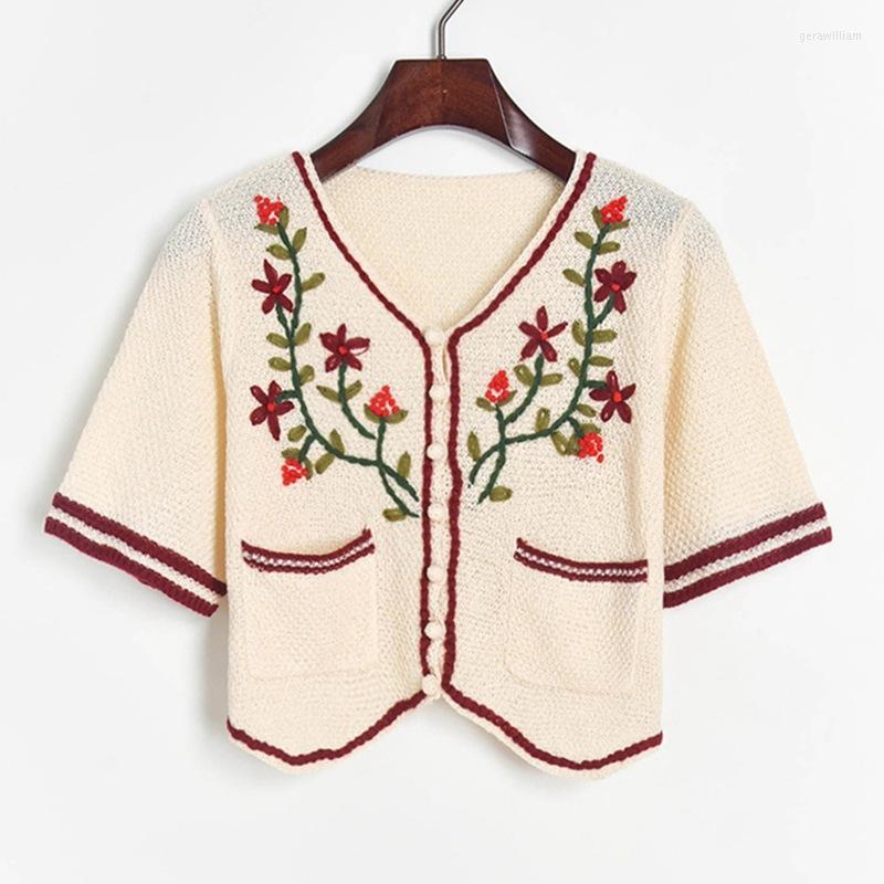 

Women's Knits Women's Crop Cardigan 2022 Summer Women Runway Pockets Embroidery Flowers Sweaters Vintage Knitted Short JC371, Green