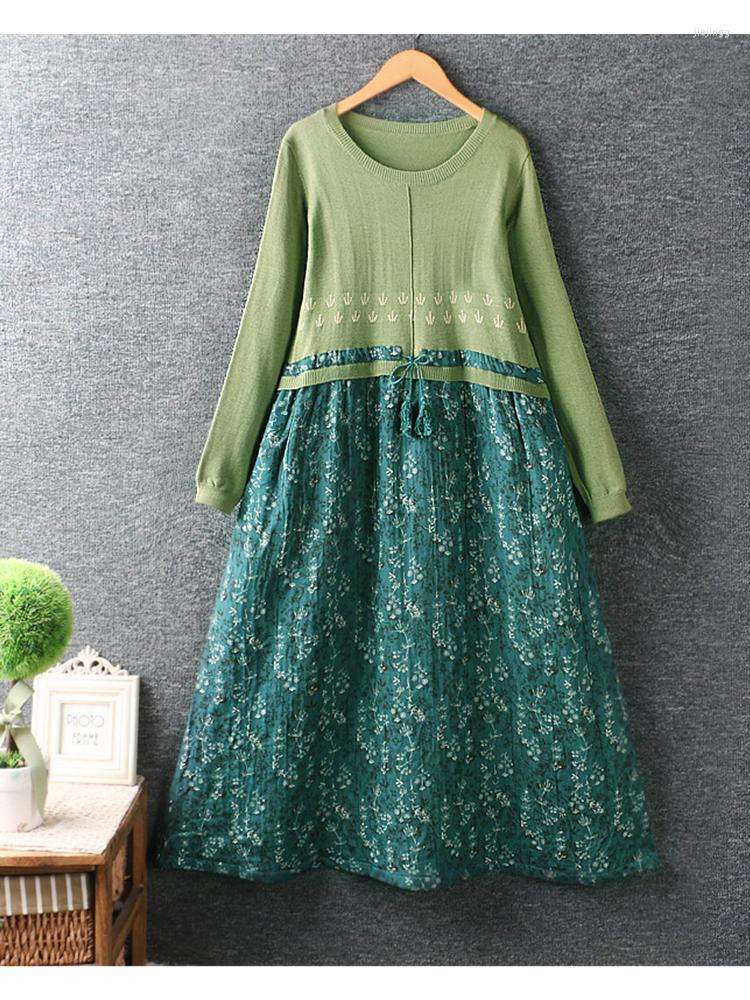 

Casual Dresses Lamtrip Unique Knitting Cotton Patchwork Drawstring Flowers Peacock Feather Print Dress Robe 2022 Autumn Winter, Brown