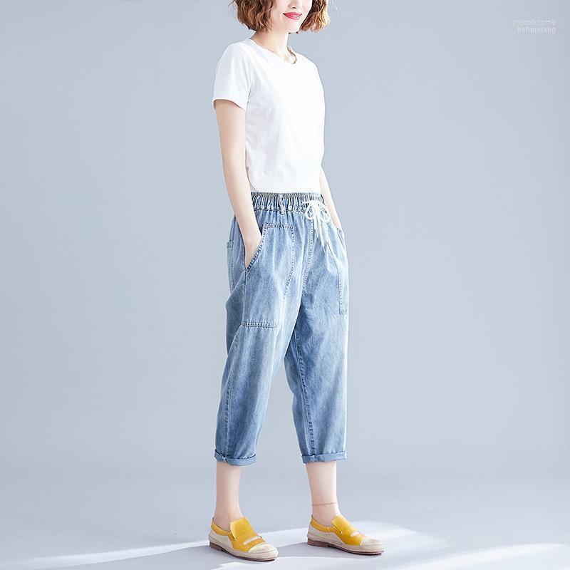 

Women's Jeans Women's Women Large Size Summer Thin Slimming High-waisted Loose-Fit Solid Color Female Trousers Casual Harem Pants, Blue