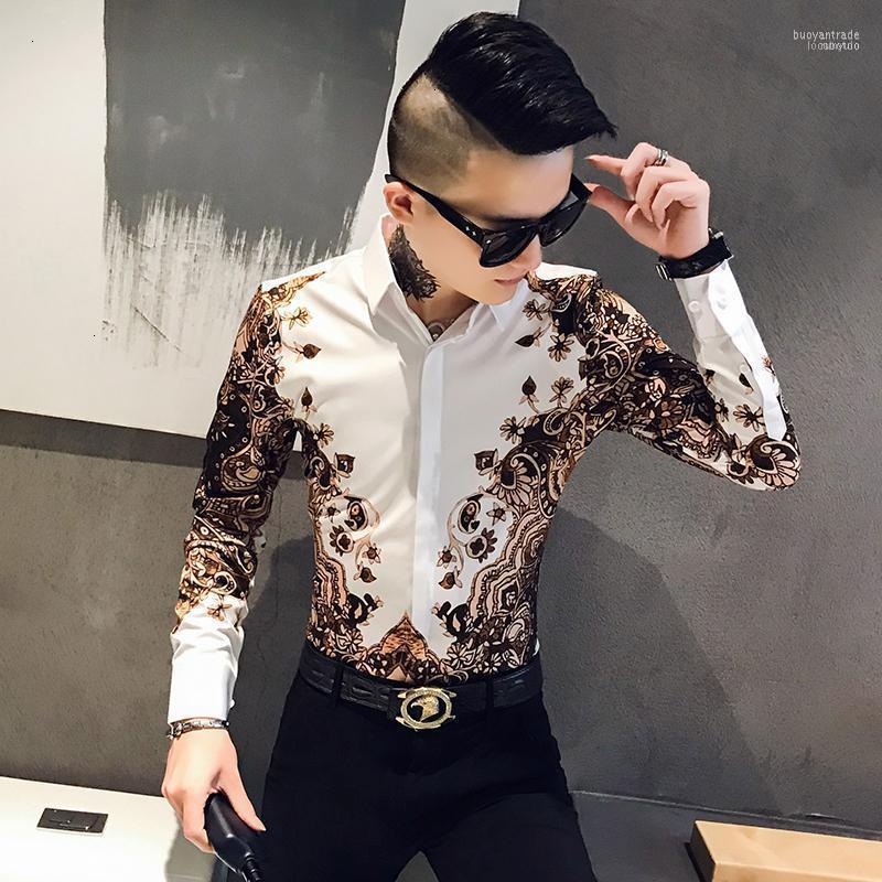 

Men's Casual Shirts Men's Streetwear Digital Print Slim Fit Party Tuxedo Shirt Men 3XL-M Top Quality Autumn Long Sleeve Mens Dress, White