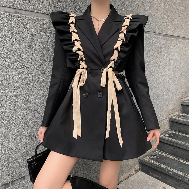 

Casual Dresses French Vintage Fashion Black Suit Dress Chic Design Straps Lace Up A Line Mini Blazer Hollow Waist Elegant Party