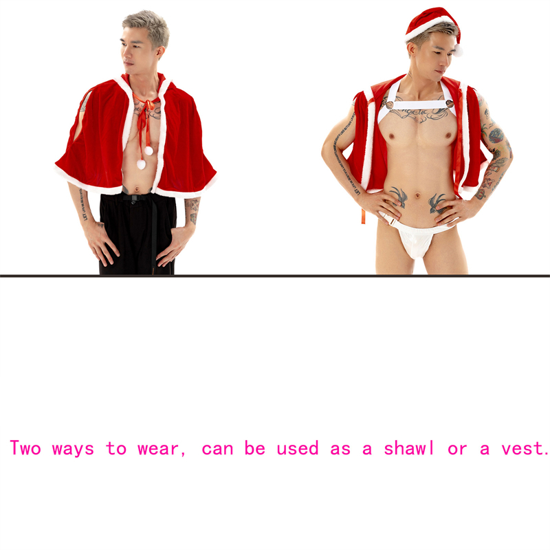 

Sexy Costumes Xmas Man Sexy Harness Underwear Set Bondage Lingerie Shawl Crops Tops Christmas Santa Clau Clothing Hooded Tanks Vest Cosplay, Full set