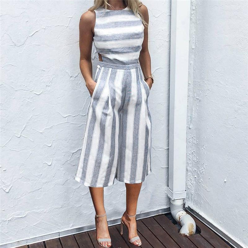 

Gym Clothing 2022 Casual Striped Women Jumpsuits Sleeveless High Waisted O-Neck Tank Romper Wide Leg Long Pants Summer Party, Blue