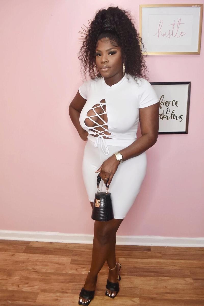 

Women' Tracksuits 2022 Arrival Sexy Club Solid Suitable Cross Bandage Shirt&Short Short Sleeve Pants Skinny Women 2 Piece Set, Black