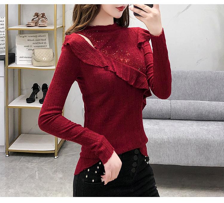 

Women' T Shirts 2022 Women' Stand Collar Long Sleeve Ruffles Patchwork Rhinestone Shinny Bling T-shirt Sexy Fashion Tops SMLXLXXL3XL, Black