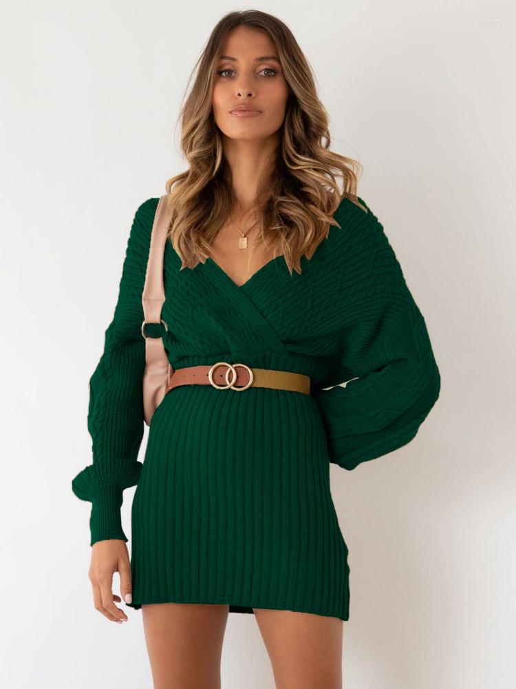 

Casual Dresses LAISIYI Sweater Dress V Neck Knitted Y2k Fashion Green Autumn Winter Twist Warm And Thick Midi Women' Clothing