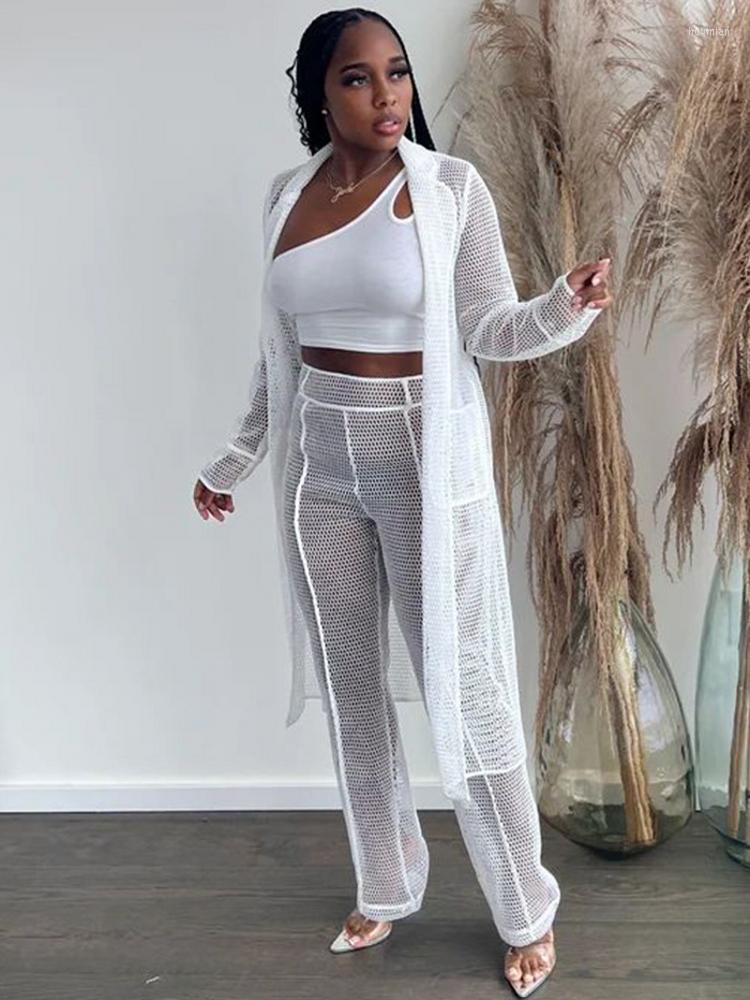 

Women' Two Piece Pants 3 Women Sets 2022 Arrival Spring Autumn Matching Hollow Out Three Pieces Top Suits Outfits Clothing, White