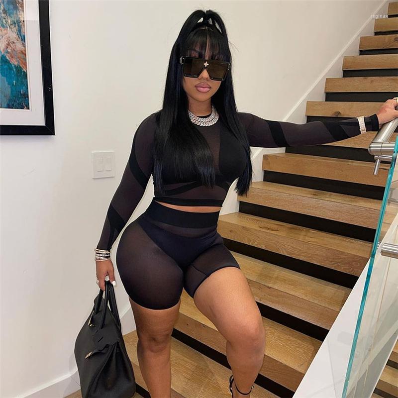 

Women' Tracksuits Women Sheer Shorts Set Party Outfit See Through Long Sleeve Crop Tops High Waist Short Pants For Summer Ladies Clubwear, Black
