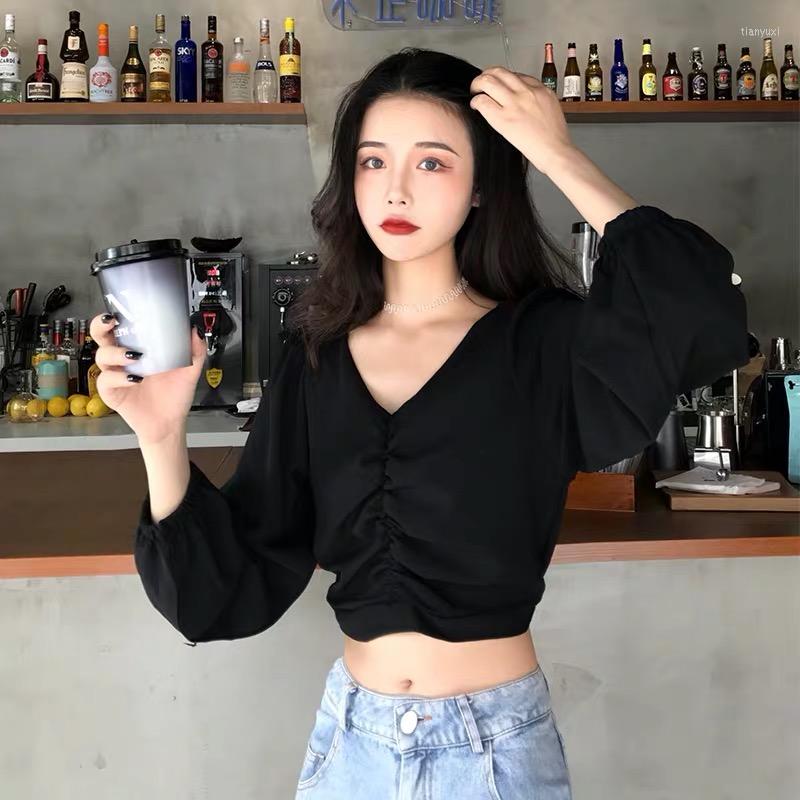 

Women's Blouses Design Sense V-Neck Long Sleeve Shirt Women's Spring 2022 Chic Retro Hong Kong Style Bubble, White