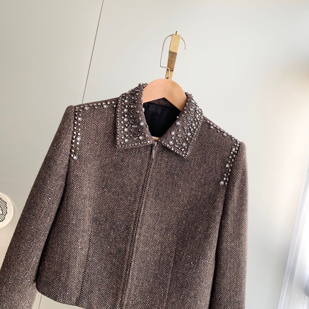 

Women's jacket Luxury designer design lapel beaded cut short coat 01, Brown