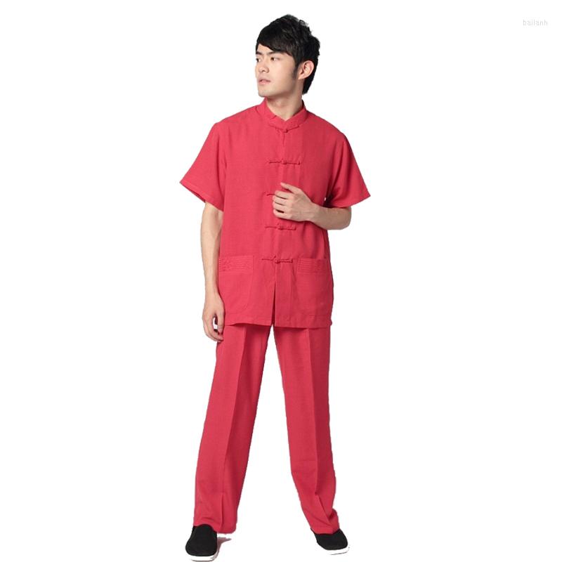 

Ethnic Clothing Red Chinese Traditional Men's Cotton Linen Suit Short Sleeve Wu Shu Sets Shirt&Pant Uniform S M L XL XXL