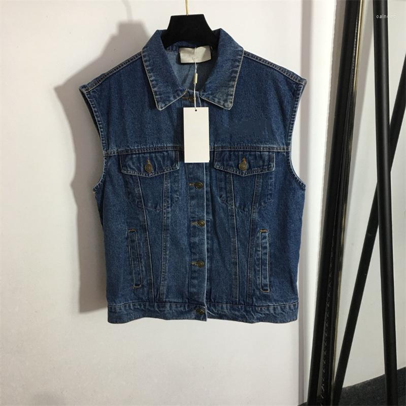 

Women' Vests Women Sleeveless Turn-down Collar Denim Jackets Dark Blue Vintage Casual Style Loose Straight With Pockets And Buttons Summer