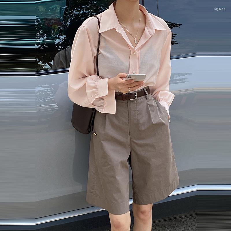 

Women's Blouses MIKADUKI Chic Blouse See Thru Long Sleeves Turn Down Collar With Buttons Koran Designer OL Style Women Summer Chiffon Tops, Green