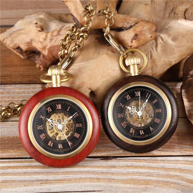 

Pocket Watches Wooden Gold Mechanical Watch Ladies Men's Hand Wind Chain Necklace For Men And Women Unisex, Black