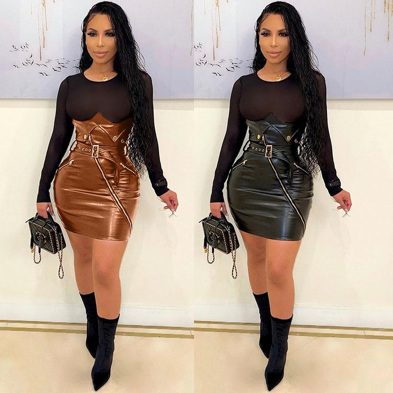 

Casual Dresses Sexy Sheer Mesh Patchwork PU Leather Mini Dress Women Elegant O Neck Long Sleeve Zipper With Belt Bodycon Club Party, Black dress