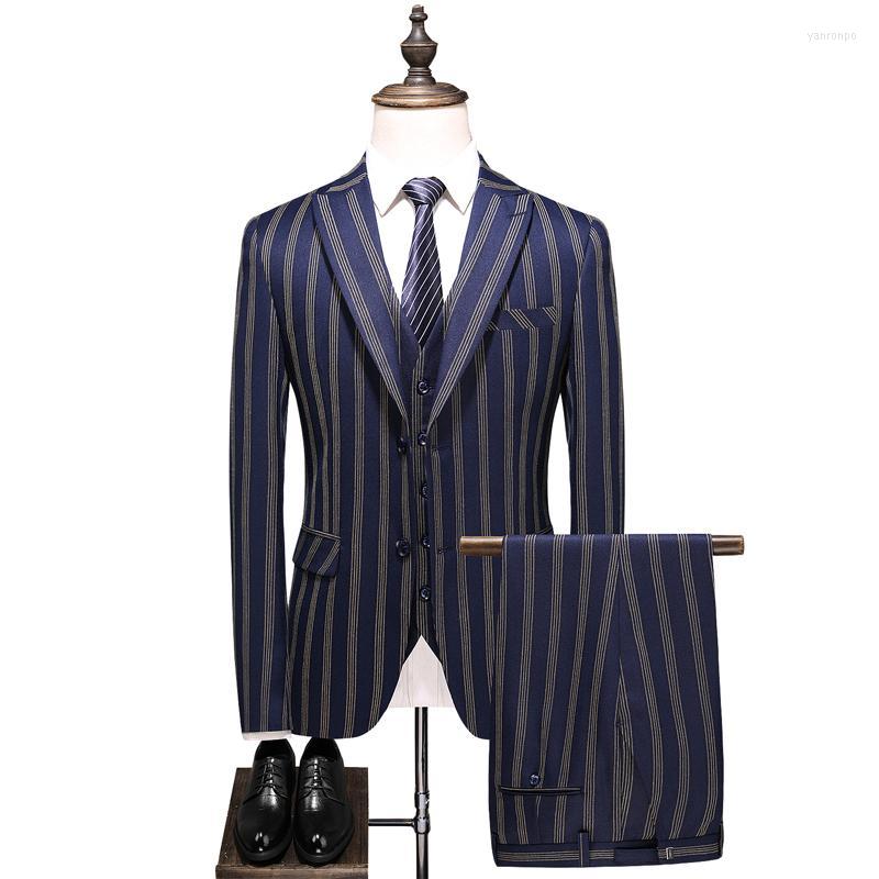 

Men's Suits Men's & Blazers Brand Men Striped Groom Wedding Dresses Suit For 3 Pieces Navy Blue Slim Fit Casual Tuxedo JackeMen's