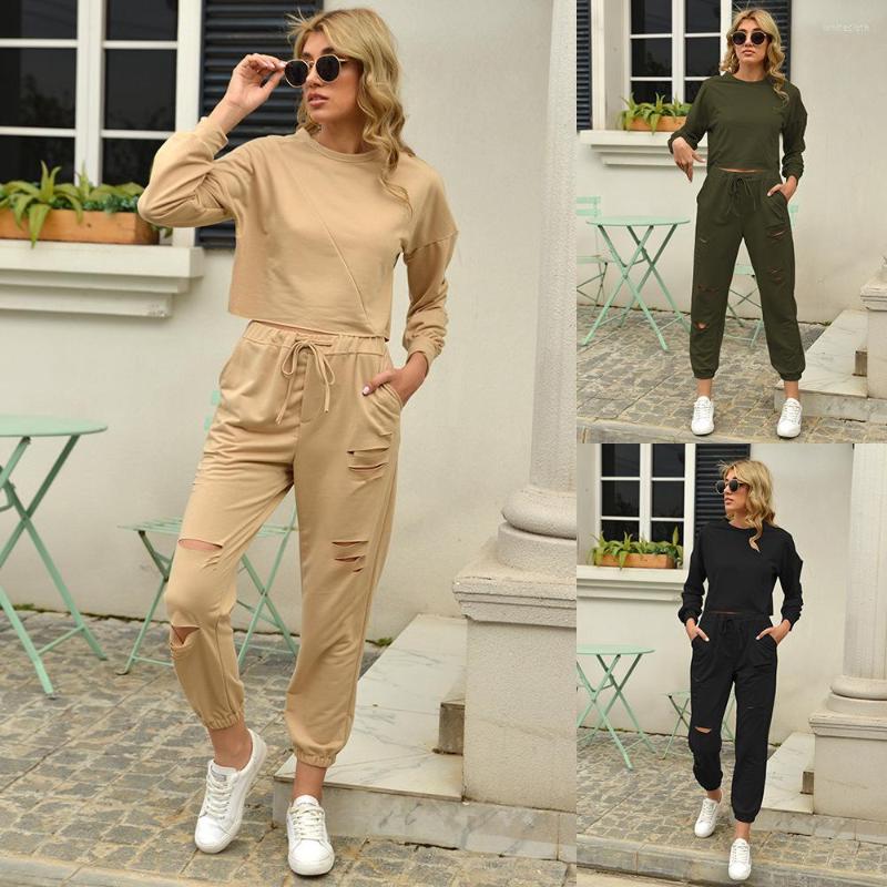 

Women' Two Piece Pants Pieces Sets Womens Tracksuits Casual Autumn Winter Suits Pullover Long Sleeve Top Elastic Waist Ripped Trousers, Khaki
