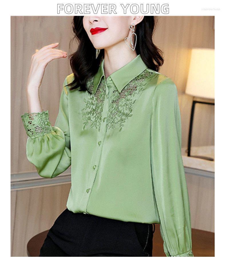 

Women' Blouses Embroidered Silk Shirt Women' Long Sleeves Spring/summer 2022 Fashion Vintage Satin Top Button, Green